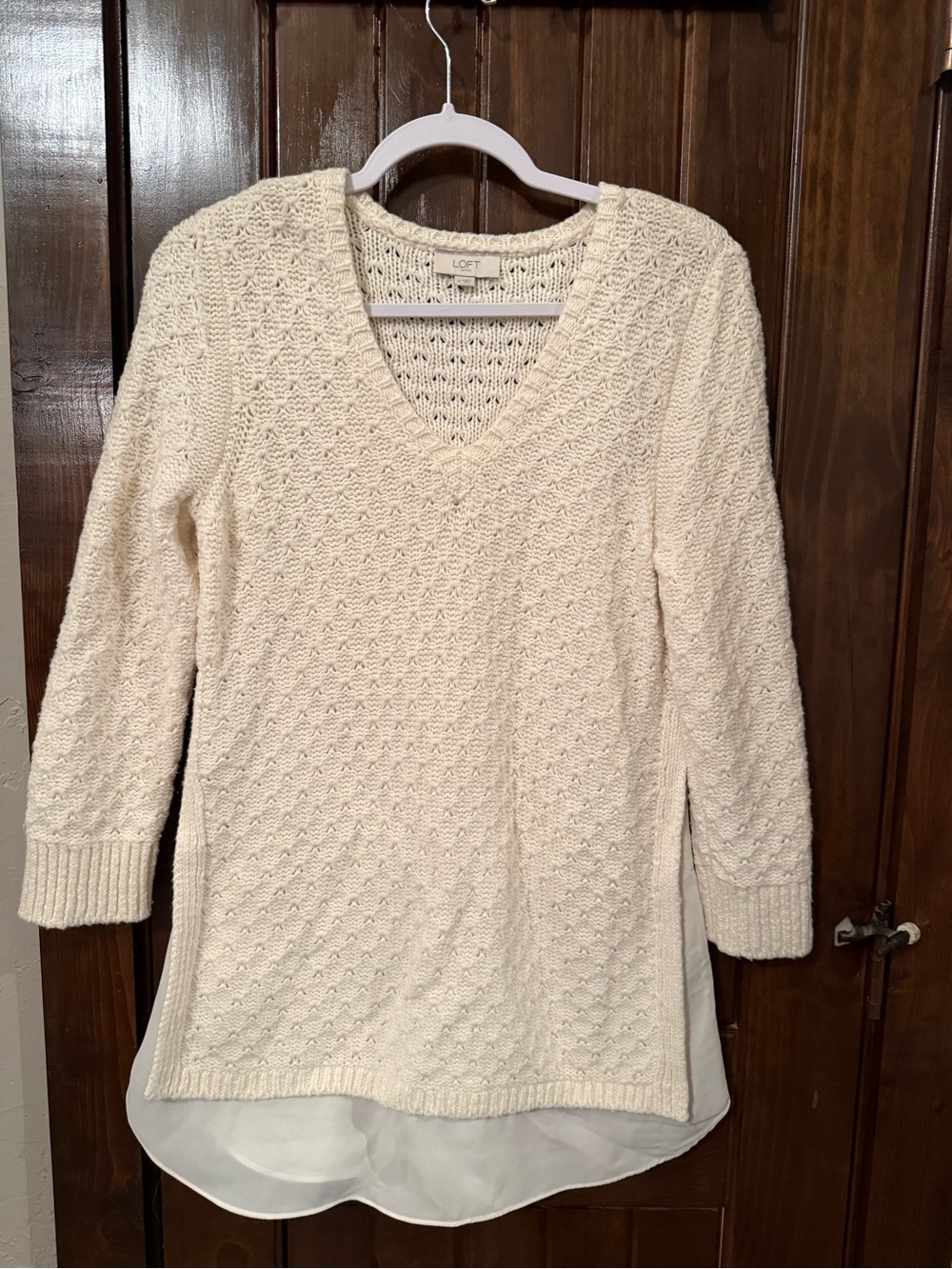 LOFT Ivory Textured V-Neck Knit Tunic Sweater